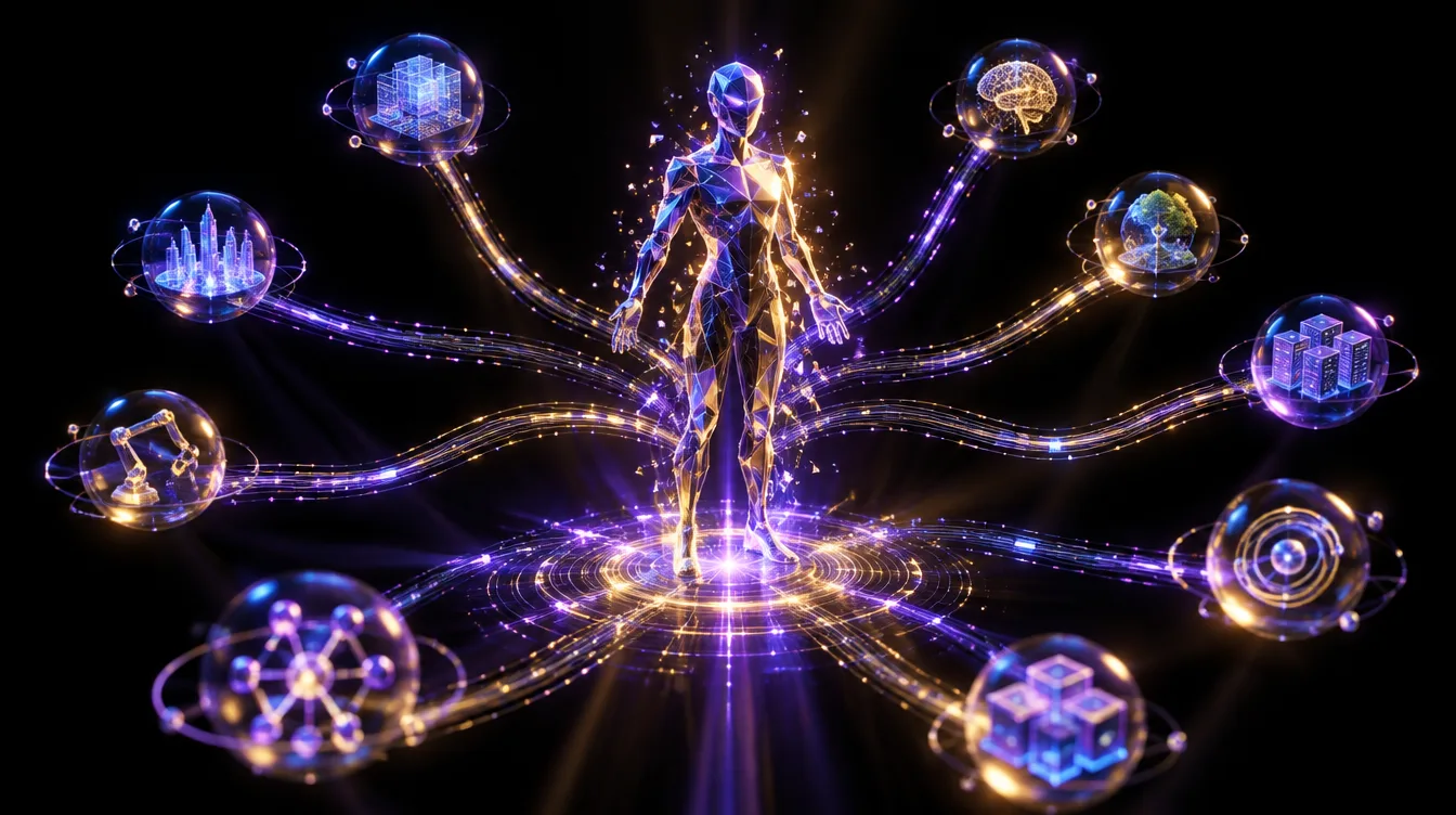 Illustrazione 3D di una figura umanoide luminosa circondata da sfere olografiche collegate da filamenti di energia viola e oro, simbolo di agenti AI che eseguono compiti autonomi in rete