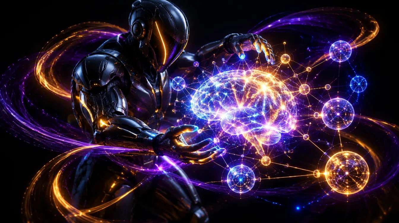 Illustrazione 3D di una figura robotica che attiva una rete neurale luminosa a forma di cervello, simbolo dell'intelligenza artificiale applicata al marketing digitale