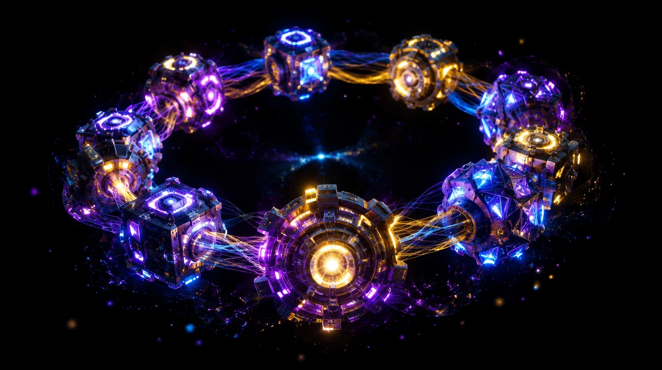 Illustrazione 3D di un anello meccanico futuristico composto da nodi geometrici luminosi collegati da fili di energia viola, oro e blu, simbolo dell'automazione dei processi aziendali