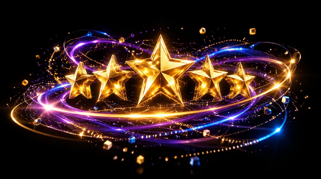 Illustrazione 3D di cinque stelle dorate luminose circondate da anelli di energia viola e blu, simbolo delle recensioni clienti raccolte in modo automatico