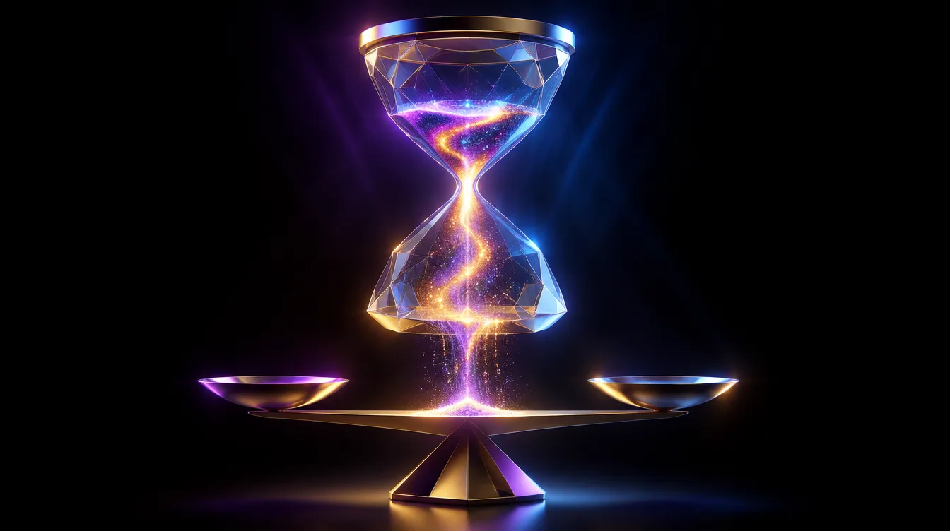 Illustrazione 3D di una clessidra luminosa che versa particelle di energia viola, oro e blu in una bilancia geometrica fluttuante, simbolo del budget pubblicitario online