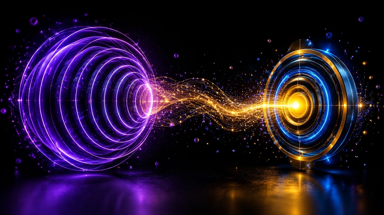 Illustrazione 3D di due sculture di luce collegate da un flusso di energia dorata: a sinistra una sfera viola di onde concentriche che si espandono, simbolo della visibilita ad ampio raggio; a destra un bersaglio di luce blu e oro che converge verso un nucleo luminoso, simbolo della conversione mirata, su sfondo nero