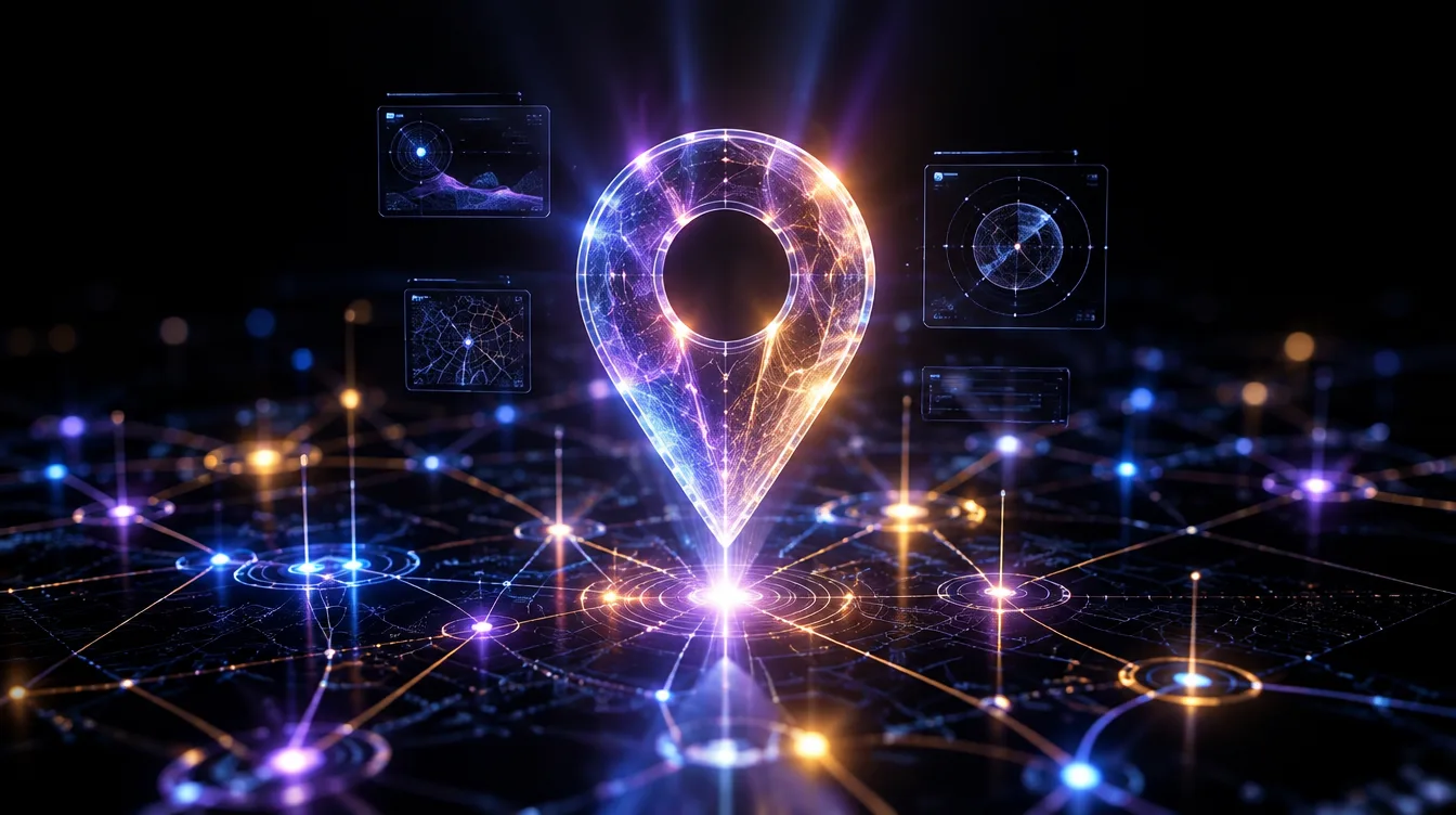 Illustrazione 3D di un segnaposto di geolocalizzazione luminoso sospeso sopra una rete di nodi dati interconnessi, simbolo dei dati strutturati per la SEO locale