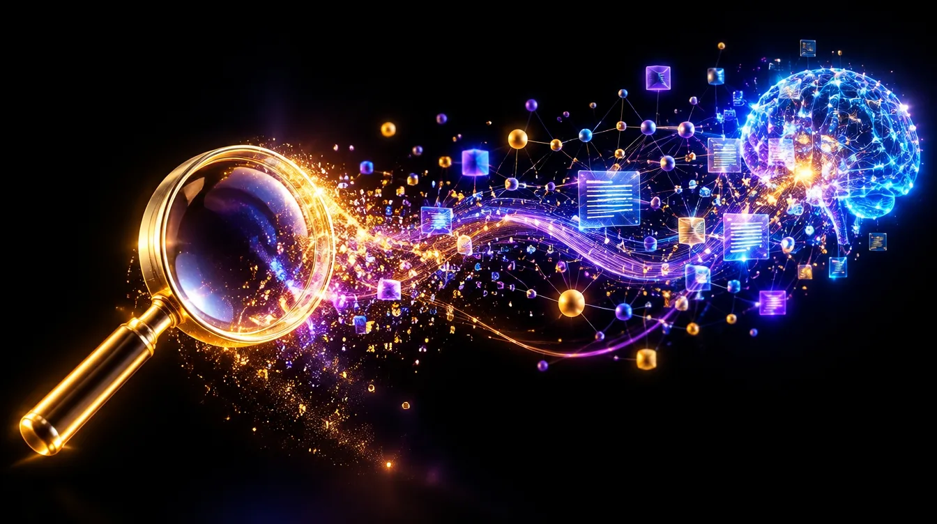 Illustrazione 3D di un sentiero di luce dorata che si trasforma in un flusso di particelle viola e blu fluttuanti nel buio, simbolo del passaggio dalla ricerca tradizionale alle risposte generate dalle intelligenze artificiali