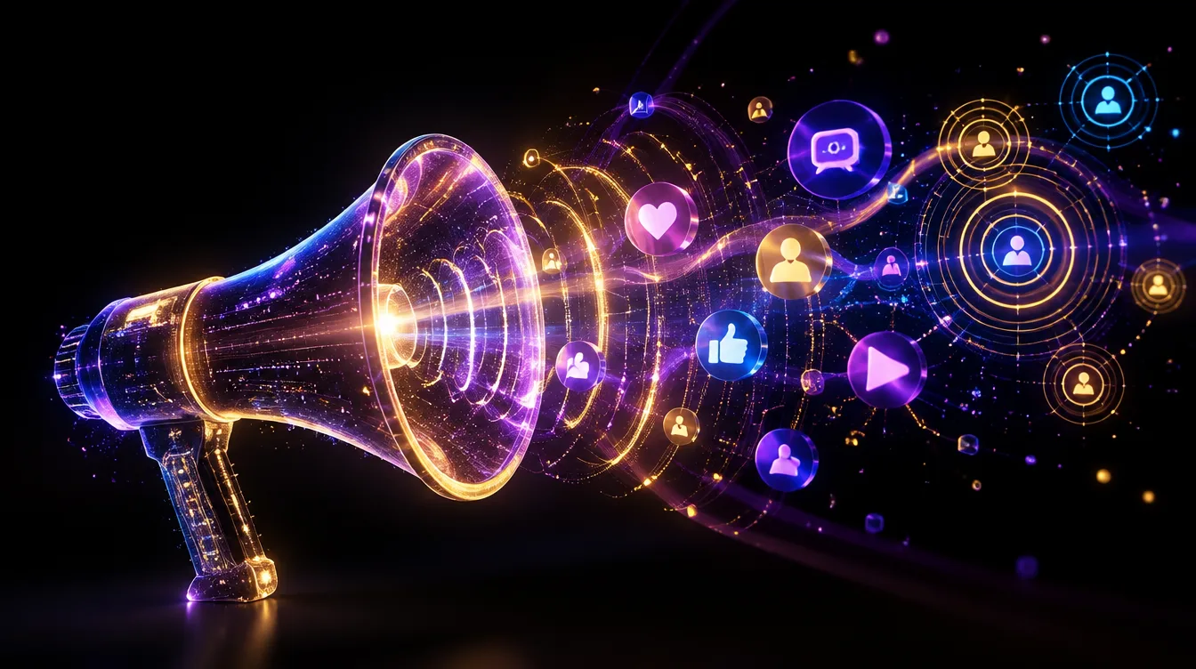 Illustrazione 3D di una scultura luminosa a forma di megafono che irradia onde sonore ed effetti di targeting pubblicitario in energia viola, oro e blu su sfondo nero