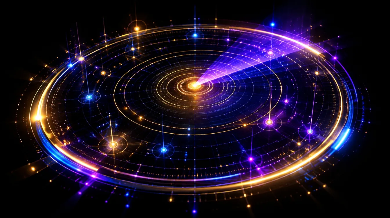 Illustrazione 3D di un anello radar luminoso viola, oro e blu sospeso nel buio, con fasci di luce che si irradiano verso nodi sospesi, simbolo del monitoraggio delle citazioni nelle risposte delle AI generative