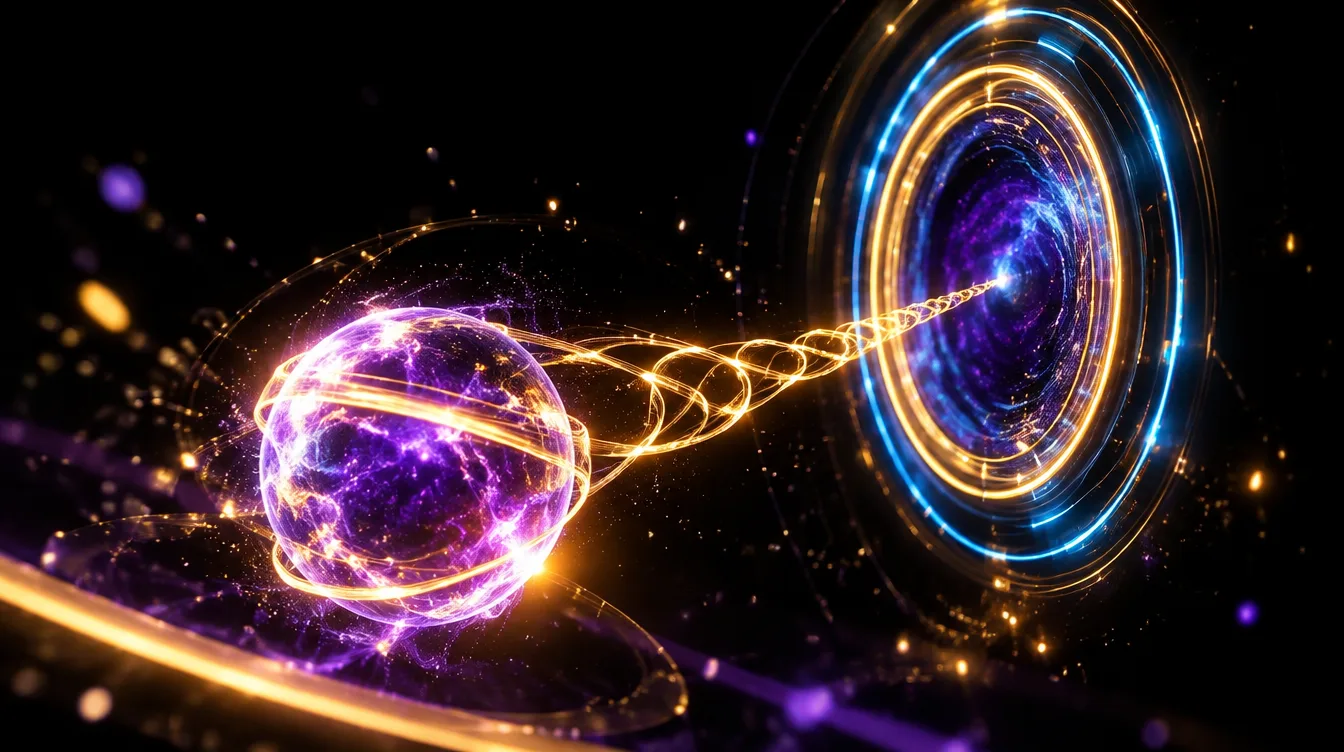 Illustrazione 3D di un filo di luce dorata che riconduce una sfera di energia viola verso un portale circolare luminoso, simbolo del remarketing che richiama i visitatori verso l'acquisto, su sfondo nero