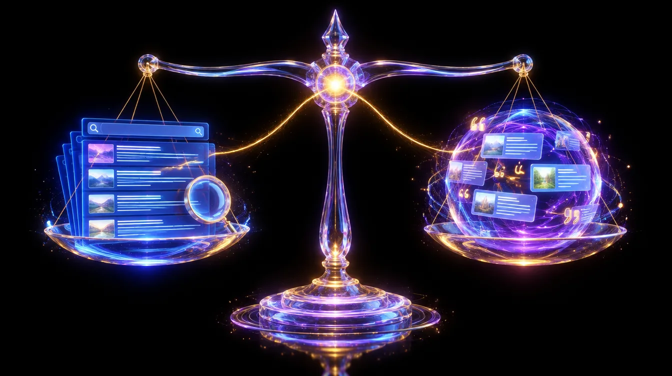 Illustrazione 3D di una bilancia di vetro luminosa: su un piatto una pagina di risultati di ricerca con lente d'ingrandimento, sull'altro una sfera di energia viola con schede di risposta e virgolette, simbolo del confronto tra SEO classica e GEO, su sfondo nero