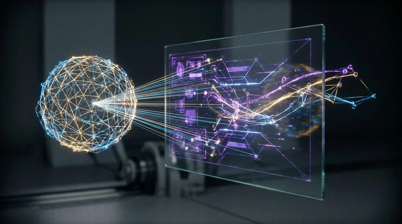Illustrazione 3D di un sito web su uno schermo di vetro scansionato da fasci di luce provenienti da una sfera luminosa che rappresenta una rete neurale, con nodi di dati strutturati che si sollevano dalla pagina verso l'intelligenza artificiale