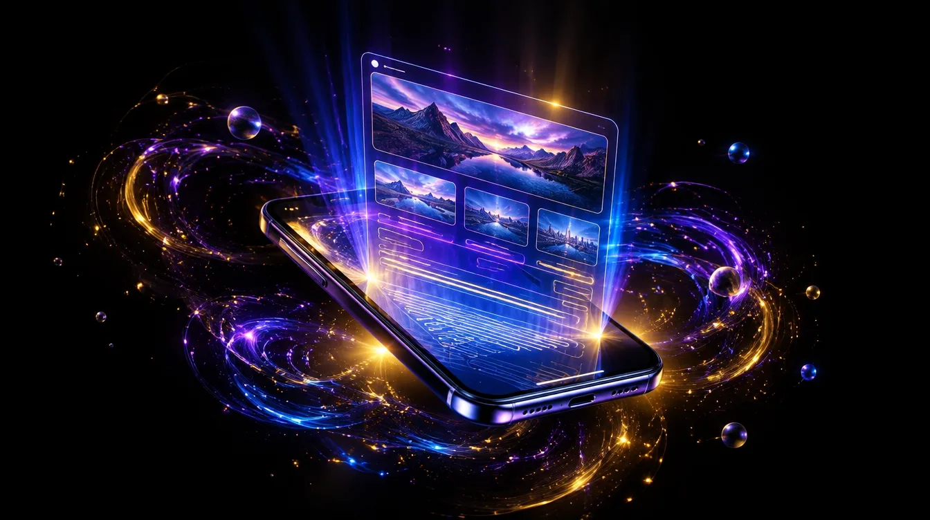 Illustrazione 3D di uno smartphone futuristico che proietta un'interfaccia web luminosa, circondato da particelle di energia viola, oro e blu, simbolo della progettazione mobile-first di un sito web