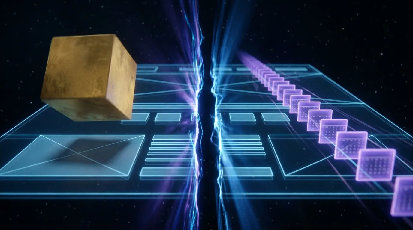 Illustrazione 3D di un sito web sospeso nello spazio diviso in due: a sinistra un unico blocco dorato che rappresenta il pagamento in un'unica soluzione, a destra una serie di tessere viola luminose che rappresenta il pagamento a rate