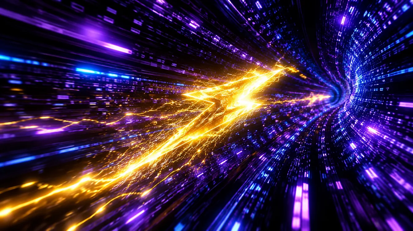 Illustrazione 3D di un fulmine dorato che attraversa un tunnel di dati luminosi viola e blu, simbolo della velocità di caricamento di un sito web